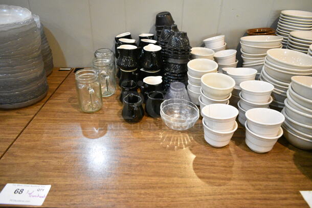 Wood Pattern Dining Height Table w/ Contents Including Ceramic Bowls, Cream Pitchers and Poly Bowls. (main dining room) - Image 2 of 3