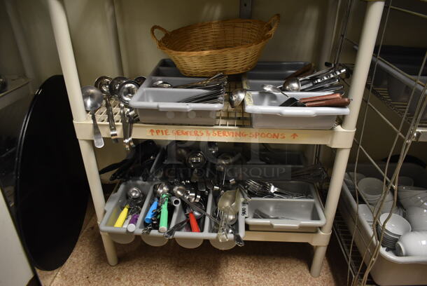 Tan Poly 4 Tier Shelving Unit w/ Contents Including Utensils. BUYER MUST REMOVE: BUYER MUST DISMANTLE. PCI CANNOT DISMANTLE FOR SHIPPING. PLEASE CONSIDER FREIGHT CHARGES. (dish room) - Image 3 of 7