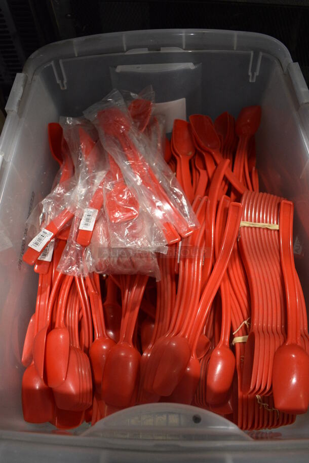 ALL ONE MONEY! Lot of Red Poly Spoons in Clear Bin