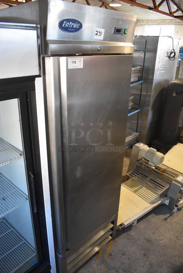 Entree CF1 Stainless Steel Commercial Single Door Reach In Freezer w/ Poly Coated Racks on Commercial Casters. 115 Volts, 1 Phase. 27x33x83. Cannot Test - Unit Trips Breaker