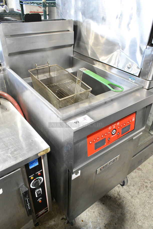 Vulcan 1TR85C Stainless Steel Commercial Floor Style Natural Gas Powered 90 Pound Deep Fat Fryer w/ 1 Metal Fry Basket on Commercial Casters. 90,000 BTU.  - Image 2 of 8