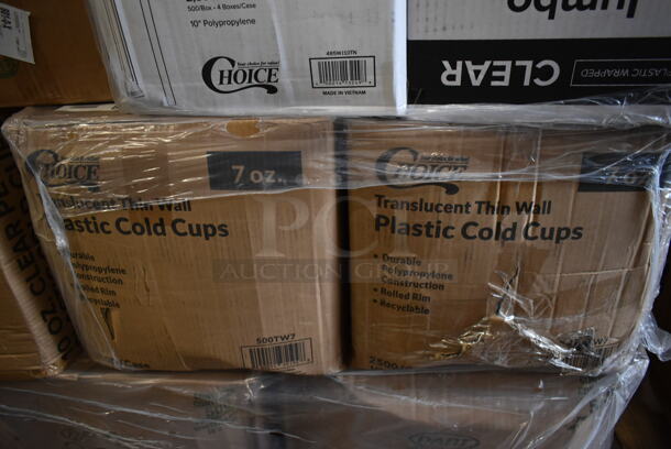 PALLET LOT of 20 BRAND NEW Boxes Including Dart 50HT1 5" x 5" x 3" White Foam Hinged Lid Container - 500/Case, 245CCGR10BL Baker's Lane 10" White Corrugated Grease-Resistant Cake Circle - 100/Case, 2 Box Dart Quiet Classic Plates, 2 500TW7 Choice 7 oz. Translucent Thin Wall Plastic Cold Cup - 2500/Case, 2 Box 485WJ10TN Choice 10 1/4" Jumbo Translucent Wrapped Straw - 2000/Case, Choice 16 oz Deli Container, 3 Box 5013858 Lavex Li'l Herc 55-60 Gallon 1.2 Mil 38" x 58" Low Density Medium-Duty Black Trash Bag / Can Liner - 100/Case, 433BR25SHBGC Choice 25 lb. Shorty Natural Kraft Paper Bag - 500/Case, 4 Box 8.5" Smooth Wall Paper Plates, 127P150C Choice 1.5 oz. Clear Plastic Souffle Cup/ Portion Cup. 20 Times Your Bid! - Image 5 of 12