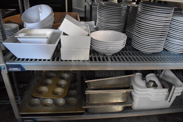 ALL ONE MONEY! Lot of Contents of Shelving Unit Including Stainless Steel Drop In Bins, Bowls, Plates, Bus Bins and Muffin Baking Pans. Does Not Include Shelving Unit.  - Image 4 of 12