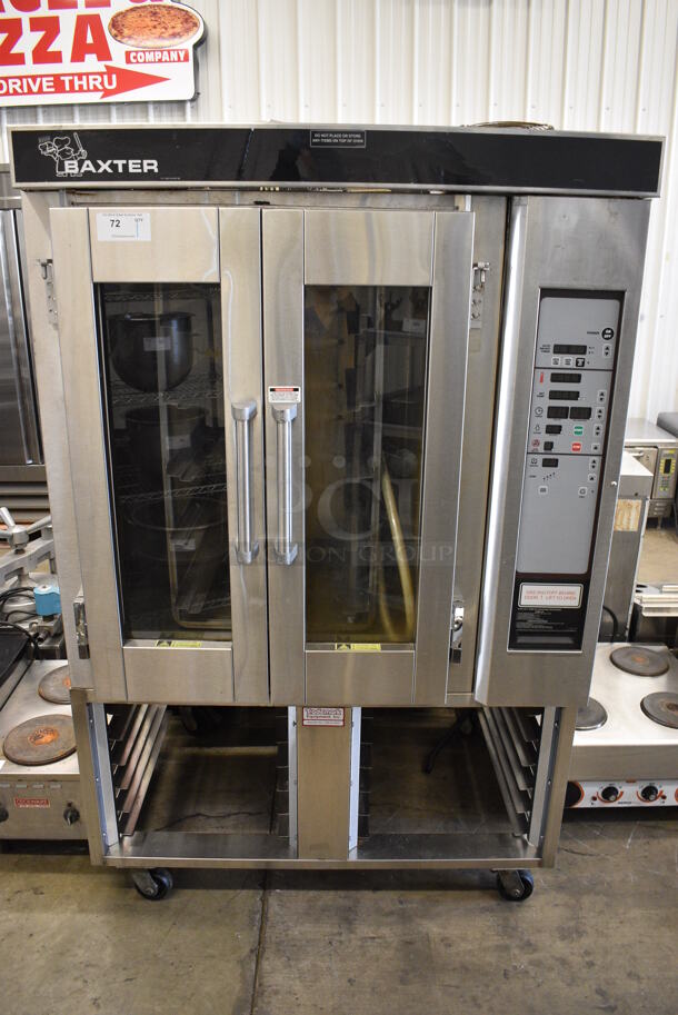 Baxter Stainless Steel Commercial Floor Style Natural Gas Powered Mini Rotating Rack Oven w/ Lower Pan Rack on Commercial Casters. 48x40x75