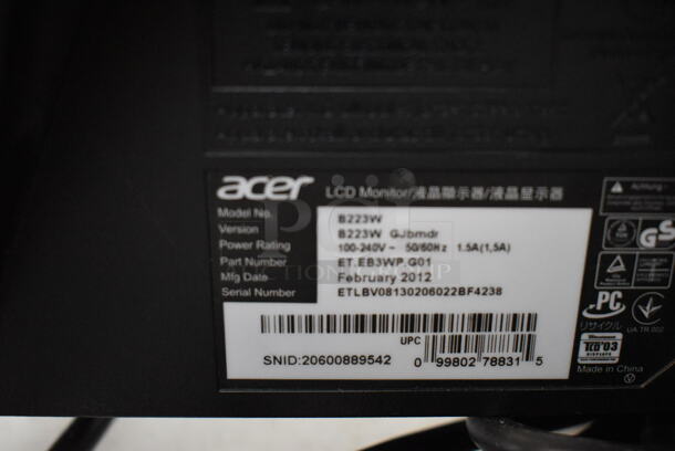 3 Acer B223W B 22" Computer Monitors. 100-240 Volts, 1 Phase. 3 Times Your Bid! - Image 8 of 8