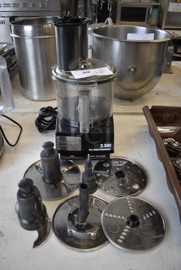 Waring Metal Commercial Countertop Food Processor w/ 6 Various Blades. 7x12x15. Tested and Does Not Power On