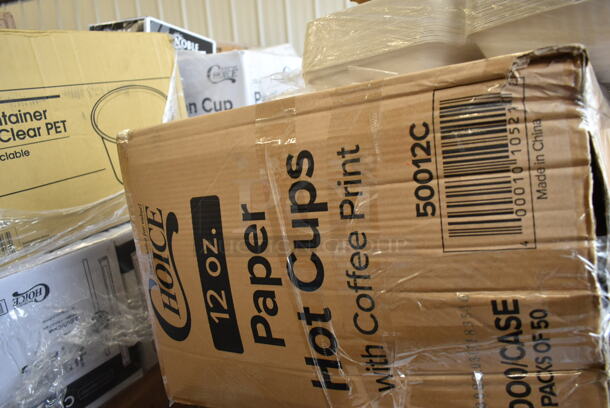 PALLET LOT of 30 BRAND NEW Boxes Including 50012C 12 oz. Coffee Print Poly Paper Hot Cup, 347SP10WH Visions Florence 10" Square White Plastic Plate - 120/Case, 394365XL Noble X Large Gloves, 50020W Choice 20 oz. White Poly Paper Hot Cup - 600/Case, 500CC12 Choice Clear PET Customizable Plastic Cold Cup - 12 oz. - 1000/Case, 500TW5 Choice 5 oz. Translucent Thin Wall Plastic Cold Cup - 2500/Case, 130BKFSNH Visions Heavy Weight Black Wrapped Plastic Cutlery Pack with Napkin - 500/Case, 130ROLLKFSSC Visions 18" x 15 1/2" Pre-Rolled Linen-Feel White Napkin and Classic Heavy Weight Silver Plastic Cutlery Set - 100/Case, 394385XL X Large Powder-Free Disposable Latex Gloves, 395L1020BGS Choice Hot Cup Lids, 130SERVSP8BK Choice 8 1/2" Black Disposable Plastic Serving Spoon - 72/Case, 130BFORK Choice Medium Weight Black Plastic Fork - 1000/Case, 612605070HD Full Size Heavy-Duty Foil Steam Table Pan Deep 3 3/8" Depth, 395TO661 Heavy duty foil steam table pans, Choice Portion Cup Lids, 1002218-EO Shopping Bags, 795PTOKFT8 Choice Kraft Microwavable Folded Paper #8 Take-Out Container 6" x 4 5/8" x 2 1/2" - 300/Case, 130ROLLKFSCL Compostable Sugarcane / Bagasse Take-Out Container, 500LFLATPLA Plastic Lid With Straw Slot, 433BR1852SACK Paper Barrel Sack, 500CC32 Choice HD 32 oz. Tall Heavy Weight Clear PET Plastic Cold Cup - 300/Case, 4339BULK Choice 9" White Uncoated Paper Plate - 1000/Case, 999SP10CL Visions 10" Square Plates. 30 Times Your Bid! - Image 2 of 12