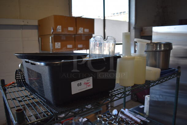 ALL ONE MONEY! Tier Lot of Various Items Including Poly Bins, Metal Bin and Bus Bin - Image 1 of 5