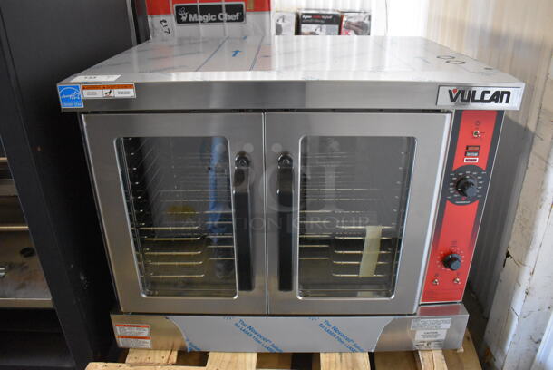 BRAND NEW SCRATCH AND DENT! LATE MODEL! Vulcan VC4GD-11D150K Stainless Steel Commercial Natural Gas Powered Full Size Convection Oven w/ View Through Doors, Metal Oven Racks and Thermostatic Controls. 40x31x31