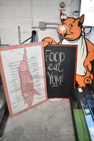 2 Signs; Chalkboard Menu w/ Pig and Pig Meat Chart. 40.5x0.5x60, 27x1x40.5. 2 Times Your Bid!