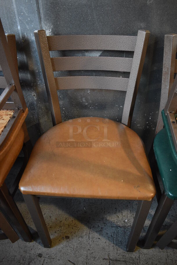 5 Brown Metal Dining Chairs w/ Tan Seat Cushion. 17x16x32. 5 Times Your Bid!