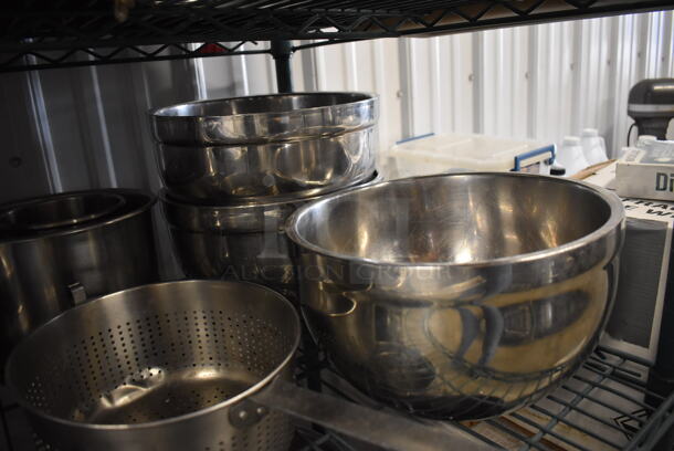 ALL ONE MONEY! Tier Lot of Various Items Including 8 Metal Skillets, 2 Sauce Pans, 2 China Cap Strainers, Colanders and 3 Insulated Metal Mixing Bowls - Image 5 of 6