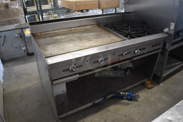 	Blodgett Stainless Steel Commercial Natural Gas Powered Flat Top Griddle w/ 4 Burner Range, Gas Hose and Under Shelf on Commercial Casters. One Caster Needs To Be Reattached. 60x31x43 - Image 2 of 7