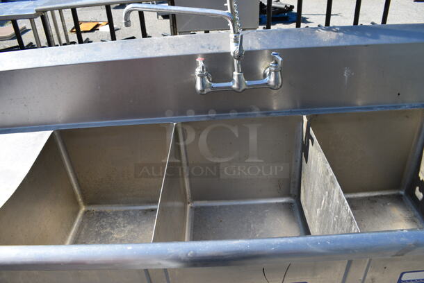 Stainless Steel Commercial 3 Bay Sink w/ Dual Drain Boards, Faucet, Handles and Spray Nozzle Attachment. 87x26x44. Bays 16x20x14. Drain Boards 18x22x1 - Image 3 of 6