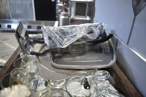 ALL ONE MONEY! Lot of Brown Bus Bin w/ Contents Including Glasses and Metal Muffin Tins - Image 2 of 5