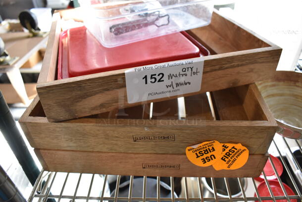 ALL ONE MONEY! Lot of Chrome Finish 5 Tier Shelving Unit w/ Contents Including Poly Cake Stand Covers, Mesh Bins, Metal Buckets, Stainless Steel Drop In Bins, Wooden Boxes and Silverware. BUYER MUST DISMANTLE. PCI CANNOT DISMANTLE FOR SHIPPING. PLEASE CONSIDER FREIGHT CHARGES. 49x18x77 - Image 12 of 12