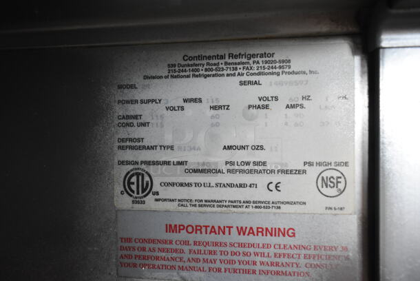 Continental 2R Stainless Steel Commercial 2 Door Reach In Cooler w/ Poly Coated Racks. 115 Volts, 1 Phase. Tested and Powers On But Does Not Get Cold - Image 5 of 5