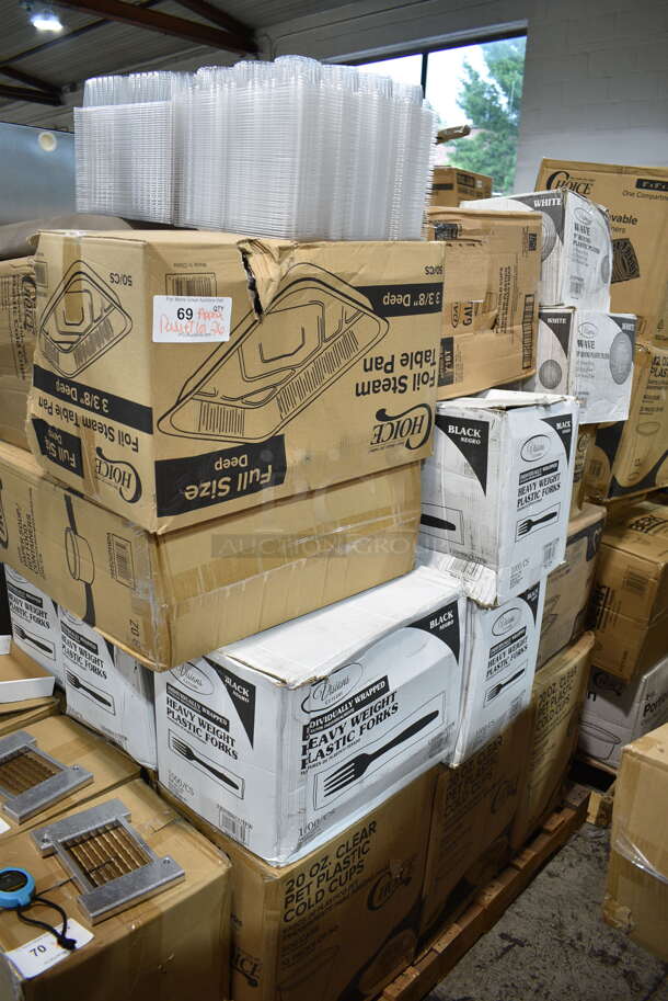 PALLET LOT of 26 BRAND NEW Boxes Including 61260507 Choice Full Size Foil Steam Table Pan Deep 3 3/8" Depth - Full Size Deep - 50/Case, 500TW12 Choice 12 oz. Translucent Thin Wall Plastic Cold Cup - 1000/Case, 760SOUP8WPA Choice 8 oz. White Double Poly-Coated Paper Food Cup with Vented Paper Lid - 250/Case, 7 Box 130HBKCUTFW Visions Individually Wrapped Black Heavy Weight Plastic Fork - 1000/Case, 2 Box 500CC20 Choice Clear PET Customizable Plastic Cold Cup - 20 oz. - 600/Case, Dart Y16T Conex Galaxy 16 oz. Translucent Tall Plastic Cold Cup - 1000/Case, 2 Box 612527L Choice 7" Round Foil-Laminated Board Lid - 500/Case, Dart 85HT1R 8" x 8" x 3" White Foam Square Take Out Container with Perforated Hinged Lid - 200/Case. 26 Times Your Bid! - Image 1 of 12
