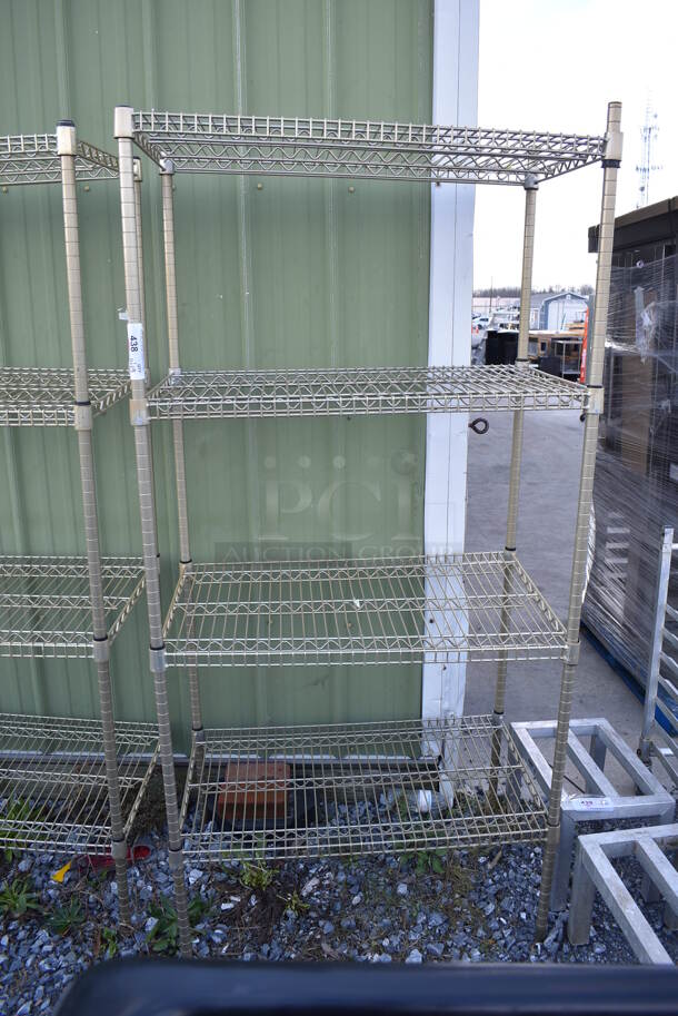 Gold Finish 4 Tier Wire Shelving Unit. BUYER MUST DISMANTLE. PCI CANNOT DISMANTLE FOR SHIPPING. PLEASE CONSIDER FREIGHT CHARGES. 36x21x75 - Image 1 of 3