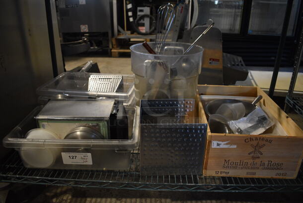 ALL ONE MONEY! Tier Lot of Various Items Including Utensils, Wooden Box and Metal Risers