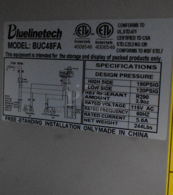 BRAND NEW SCRATCH AND DENT! Bluelinetech BUC48FA Stainless Steel Commercial 2 Door Undercounter Freezer on Commercial Casters. 115 Volts, 1 Phase. Tested and Working! - Image 7 of 7