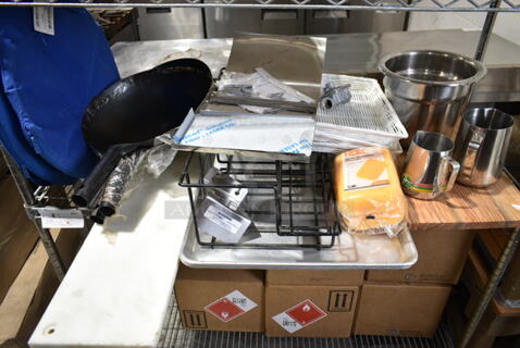 ALL ONE MONEY! Tier Lot of Various Items Including Metal Baking Pan, Pitchers, Wok Skillets. Cutting Board. 