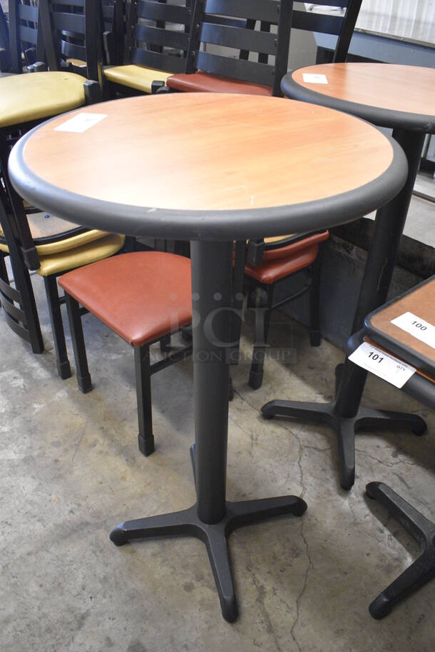 Wood Pattern Round Bar Height Table on Black Metal Table Base. Stock Picture - Cosmetic Condition May Vary. 24x24x42 - Image 3 of 3