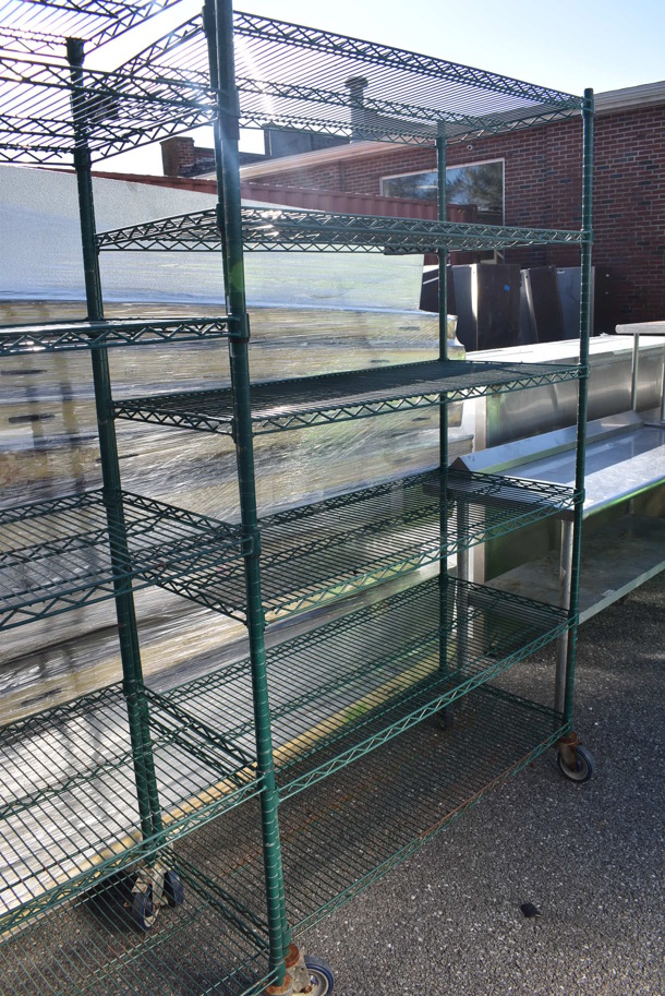 Green Finish 6 Tier Wire Shelving Unit on Commercial Casters. BUYER MUST DISMANTLE. PCI CANNOT DISMANTLE FOR SHIPPING. PLEASE CONSIDER FREIGHT CHARGES. 48x21x80