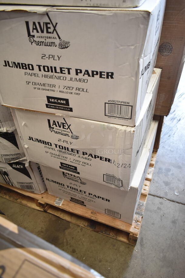 PALLET LOT of 27 BRAND NEW Boxes Including 130HCLCUTFW Visions Individually Wrapped Clear Heavy Weight Plastic Fork - 1000/case, 5005DNAPFLTE Choice White Linen-Feel Flat - Packed Dinner Napkin, 3 Box 5002TPJPREM Lavex Premium 2-Ply Jumbo 720' Toilet Paper Roll with 9" Diameter - 12/Case, Dart 80HT3R 8" x 7 1/2" x 2" White Foam Three-Compartment Square Take Out Container with Hinged Lid - 200/Case, Choice 8 lb. Clear Plastic Ice Bag with Ice Print - 1000/Case, Choice White Disposable Silverware Bags, 500TW5 Choice 5 oz. Translucent Thin Wall Plastic Cold Cup - 2500/Case, 502386016CL Lavex 55-60 Gallon 16 Micron 38" x 60" High Density Janitorial Can Liner / Trash Bag - 200/Case, 612527HD Choice 7" Round Heavy Weight Foil Take-Out Pan - 500/Case, 4 Box 130BKFSNSPH Visions Heavy Weight Black Wrapped Plastic Cutlery Pack with Napkin and Salt and Pepper Packets - 500/Case, Ashland Grease Trap. 27 Times Your Bid! - Image 6 of 11