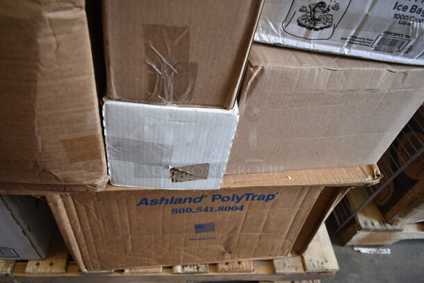 PALLET LOT of 27 BRAND NEW Boxes Including 130HCLCUTFW Visions Individually Wrapped Clear Heavy Weight Plastic Fork - 1000/case, 5005DNAPFLTE Choice White Linen-Feel Flat - Packed Dinner Napkin, 3 Box 5002TPJPREM Lavex Premium 2-Ply Jumbo 720' Toilet Paper Roll with 9" Diameter - 12/Case, Dart 80HT3R 8" x 7 1/2" x 2" White Foam Three-Compartment Square Take Out Container with Hinged Lid - 200/Case, Choice 8 lb. Clear Plastic Ice Bag with Ice Print - 1000/Case, Choice White Disposable Silverware Bags, 500TW5 Choice 5 oz. Translucent Thin Wall Plastic Cold Cup - 2500/Case, 502386016CL Lavex 55-60 Gallon 16 Micron 38" x 60" High Density Janitorial Can Liner / Trash Bag - 200/Case, 612527HD Choice 7" Round Heavy Weight Foil Take-Out Pan - 500/Case, 4 Box 130BKFSNSPH Visions Heavy Weight Black Wrapped Plastic Cutlery Pack with Napkin and Salt and Pepper Packets - 500/Case, Ashland Grease Trap. 27 Times Your Bid! - Image 9 of 11