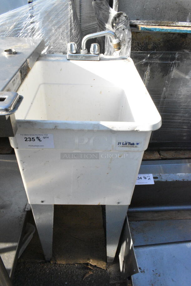 White Poly Single Bay Sink w/ Faucet and Handles.  - Image 1 of 3