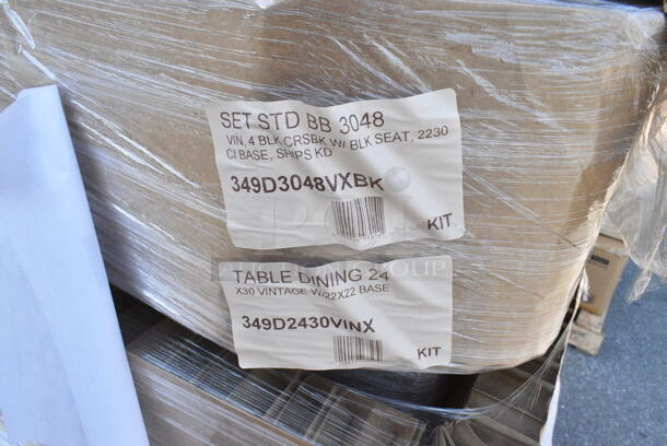 10 BRAND NEW Boxes Including 349D3048VXBK Lancaster Table &amp; Seating 30" x 48" Rectangular Standard Height Wood Butcher Block Table with 4 Black Cross Back Chairs - Vintage, 349D2430VINX Lancaster Table &amp; Seating 24" x 30" Rectangular Standard Height Wood Butcher Block Table with Vintage Finish and Cast Iron Cross Base Plate, 3492430BBVIN Lancaster Table & Seating Rectangular Wood Butcher Block Table Top with Vintage Finish, 164TCOLROD25 Lancaster Table & Seating 25 3/16" Standard Height Table Base Column and Rod. 10 Times Your Bid!  - Image 2 of 8