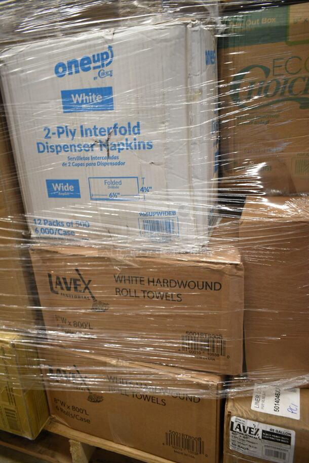 PALLET LOT of 20 BRAND NEW Boxes Including 966UPWIDEB OneUp by Choice White 1-Ply Wide Interfold 6 1/2" x 8 1/2" Dispenser Napkin - 6000/Case, 2 Box 5001RT800B Lavex 8" White Hardwound Paper Towel, 800 Feet / Roll - 6/Case, 5014046XXH Lavex Pro 45 Gallon 3 Mil 40" x 46" Low Density Heavy-Duty Industrial Contractor Black Trash Bag / Can Liner - 50/Case, 395TO961 EcoChoice 9" x 6" x 3" Compostable Sugarcane / Bagasse 1 Compartment Take-Out Container - 200/Case, Noble Small Gloves, Choice 10 oz Double Wall Paper Hot Cups, 150XLFFBAG Carnival King 6" x 3/4" x 6 1/2" Sandwich / Extra Large French Fry Bag - 2000/Case, P9812 Pactiv ClearView Smart Lock Caterware, 127DM16BULK Choice 16 oz. Ultra Clear PET Plastic Round Deli Container - 500/Case. 20 Times Your Bid! - Image 2 of 11
