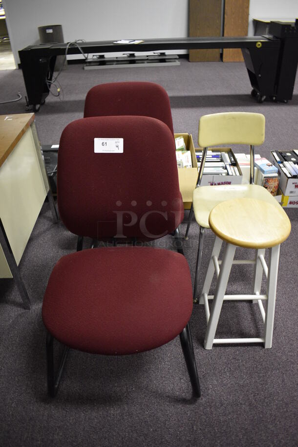 2 Cushioned Maroon Chairs, 1 Metal Chair And One Stool Measuring  20.5X19.5X37 and 16.5 X17.5 X31. 
4 Times Your Bid! (Main Building)