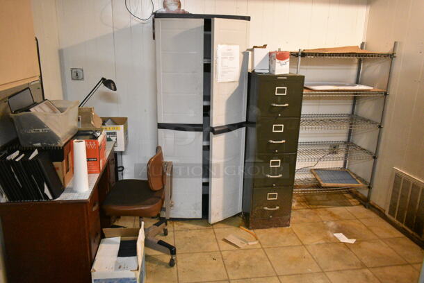 ALL ONE MONEY! Room Lot of Various Items Including Desk, Office Chair, Filing Cabinet, Wire Shelving. BUYER MUST REMOVE: Bring Tools and Manpower Needed To Remove This Item. (basement)  - Image 4 of 4