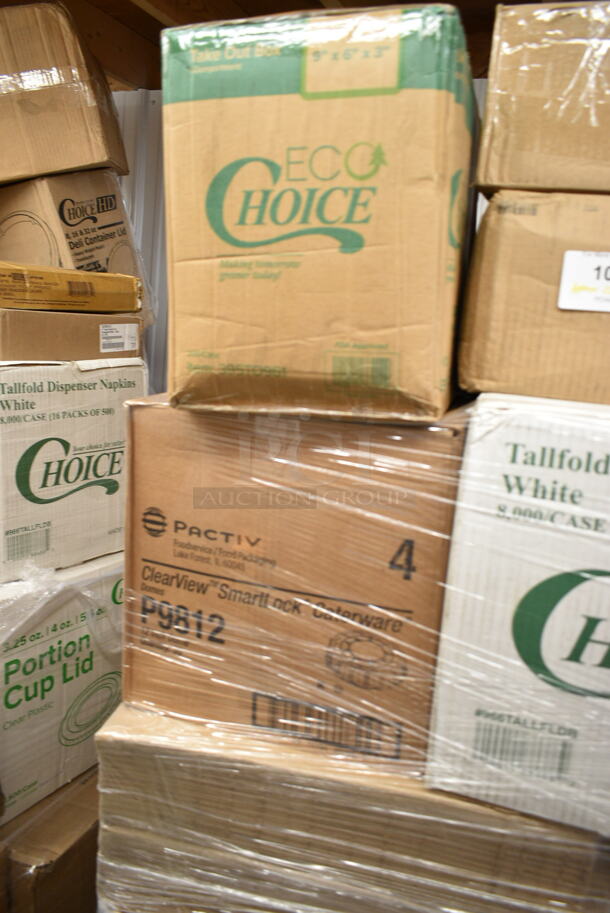 PALLET LOT of 20 BRAND NEW Boxes Including 966UPWIDEB OneUp by Choice White 1-Ply Wide Interfold 6 1/2" x 8 1/2" Dispenser Napkin - 6000/Case, 2 Box 5001RT800B Lavex 8" White Hardwound Paper Towel, 800 Feet / Roll - 6/Case, 5014046XXH Lavex Pro 45 Gallon 3 Mil 40" x 46" Low Density Heavy-Duty Industrial Contractor Black Trash Bag / Can Liner - 50/Case, 395TO961 EcoChoice 9" x 6" x 3" Compostable Sugarcane / Bagasse 1 Compartment Take-Out Container - 200/Case, Noble Small Gloves, Choice 10 oz Double Wall Paper Hot Cups, 150XLFFBAG Carnival King 6" x 3/4" x 6 1/2" Sandwich / Extra Large French Fry Bag - 2000/Case, P9812 Pactiv ClearView Smart Lock Caterware, 127DM16BULK Choice 16 oz. Ultra Clear PET Plastic Round Deli Container - 500/Case. 20 Times Your Bid! - Image 7 of 11