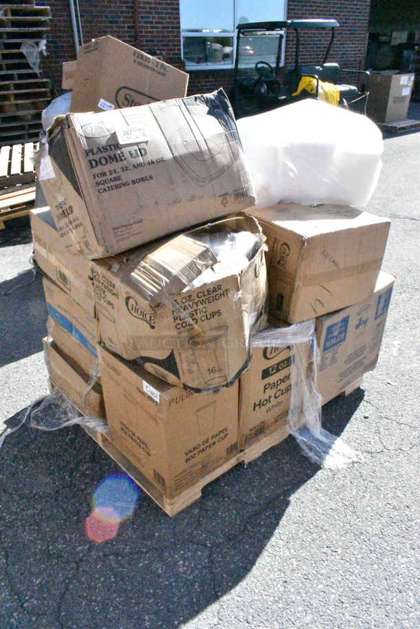 20 BRAND NEW Boxes Including 130SCB048DL Visions Clear PET Plastic Dome Lid for 24, 32, and 48 oz. Square Bowls - 300/Case, Herc 5014347M15 Lavex Li'l Herc 56 Gallon 1.5 Mil 43" x 47" Low Density Medium-Duty Black Can Liner / Trash Bag - 100/Case, 5001RT350N Lavex Natural Kraft Hardwound Paper Towel, 350 Feet / Roll - 12/Case, 3 Box 395RP09 EcoChoice Compostable Sugarcane / Bagasse 9" Plate - 500/Case, 433NHT101 Choice 1/6 Standard Size White "Thank You" Medium-Duty Plastic T-Shirt Bag - 1000/Case, 3 Box 760SOUP16WB Choice 16 oz. White Double Poly-Coated Paper Food Cup - 500/Case, Dart 16MJ20 16 oz. Medium Squat White Customizable Foam Food Container, 500TW5 Choice 5 oz. Translucent Thin Wall Plastic Cold Cup - 2500/Case. 20 Times Your Bid!  - Image 1 of 12