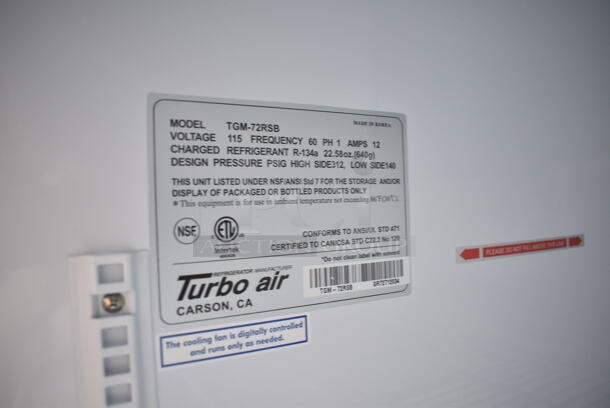 Turbo Air TGM-72RSB Metal Commercial 3 Door Reach In Cooler Merchandiser w/ Poly Coated Racks. 115 Volts, 1 Phase. Tested and Powers On But Does Not Get Cold - Image 5 of 5