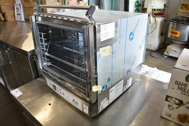 BRAND NEW SCRATCH AND DENT! Cooking Performance Group CPG 351COHD4M Stainless Steel Commercial Electric Digital Countertop 4 Tray Half Size Convection Oven with Steam Injection. See Pictures For Glass Damage. 208/240 Volts, 1 Phase. - Image 3 of 6