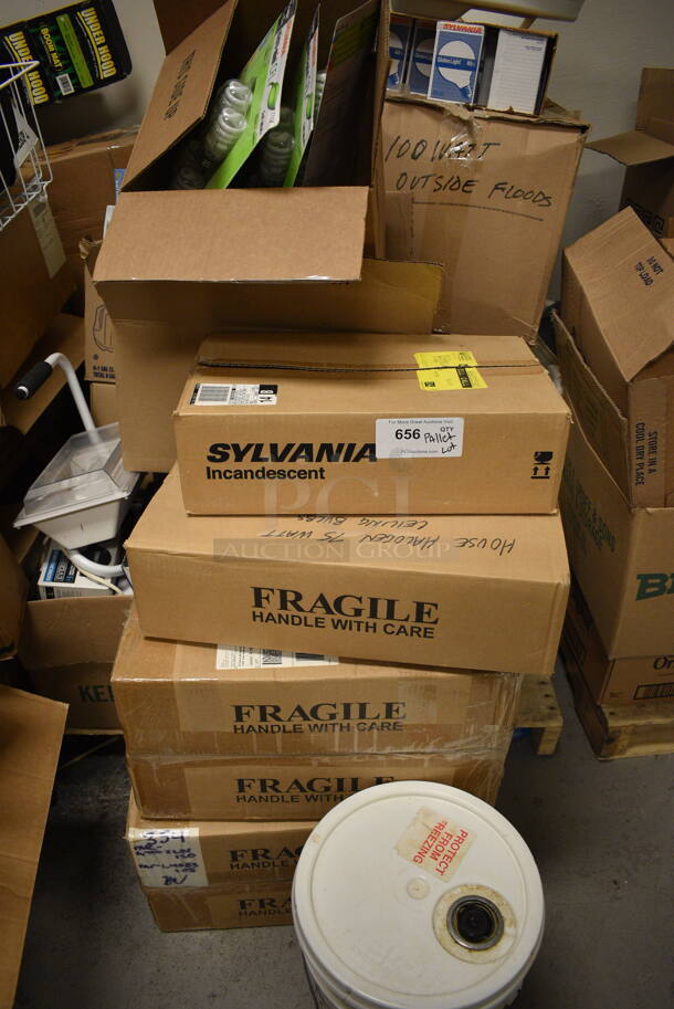 ALL ONE MONEY! Pallet Lot of Various Items Including Halogen-IR Floodlight, Reflector Light Bulbs, Micro Mini CFL, 40W Globe Light, Floor Sealer, Air Compressor, and Plastic Containers - Image 1 of 12