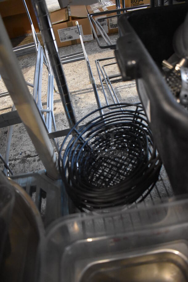 ALL ONE MONEY! Lot of Chrome Finish 3 Tier Shelving Unit on Commercial Casters w/ Contents Including Ceramic Dishes, Silverware and Poly Bins. BUYER MUST DISMANTLE. PCI CANNOT DISMANTLE FOR SHIPPING. PLEASE CONSIDER FREIGHT CHARGES. 24x24x68 - Image 11 of 11