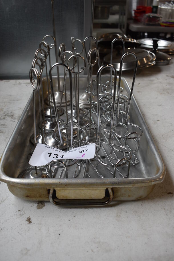 ALL ONE MONEY! Lot of Various Metal Items; Table Number Holders, Condiment Bottle Holders in Metal Baking Pan. Includes 11x19.5x2.5