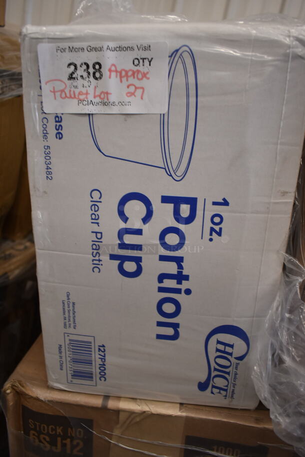 PALLET LOT of 27 BRAND NEW Boxes Including 3 Box 6SJ12 Dart 6SJ12 6 oz. White Customizable Foam Food Container - 1000/Case, 2 Box 500CC12 Choice Clear PET Customizable Plastic Cold Cup - 12 oz. - 1000/Case, 2 Box Choice #3 Paper Food Containers, 127P100C Choice 1 oz. Clear Plastic Souffle Cup / Portion Cup - 2500/Case, 500LDOMEW Choice 9 oz., 12 oz., 16 oz., 20 oz., 24 oz. Clear PET Dome Lid with 2" Hole - 1000/Case, CTR32BD Dart SafeSeal 32 oz. Plastic Tamper-Resistant, Tamper-Evident Bowl with Dome Lid - 150/Case. 27 Times Your Bid!  - Image 4 of 11