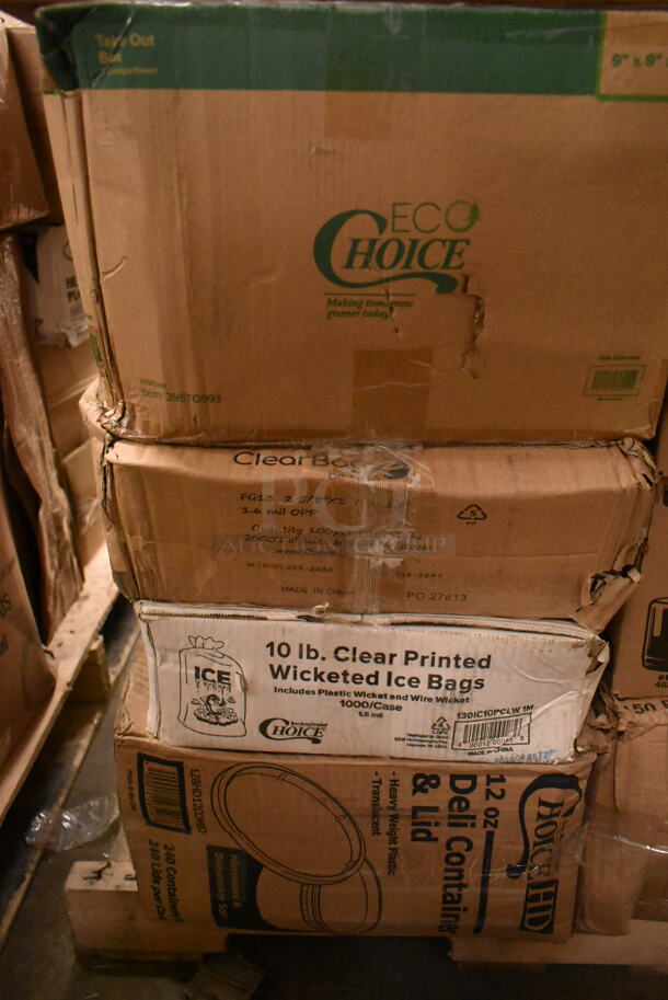 PALLET LOT of 36 BRAND NEW Boxes Including 395TO993 EcoChoice 9" x 9" x 3" Compostable Sugarcane / Bagasse 3 Compartment Takeout Container - 200/Case, 130IC10PCLW1M Choice 10 lb. Clear Wicketed Ice Bag with Ice Print - 1000/Case, 128HD12COMBO ChoiceHD Microwavable Translucent Deli Container, 7 Box Hollowick HD50-36 50 Hour "Smokeless" Clear Liquid Candle Fuel Cartridge - Not for Home Consumer Use - 48/Case, enMotion 59460A Dispenser, Acopa 553GD1535WS Wood Base for Acopa 3 and 5 Gallon Glass Beverage Dispensers,Jumbo Paper Straws, 2 Box 130PKROLLKFS Visions 17" x 17" Black Pre-Rolled Linen-Feel Napkin and Clear Heavy Weight Plastic Cutlery Set - 100/Case, Kraus KCU-273 Ceramic Sink. 36 Times Your Bid! - Image 2 of 12