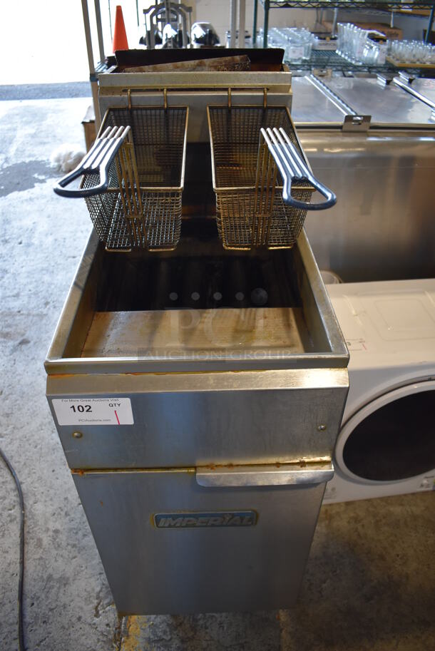 Imperial Stainless Steel Commercial Floor Style Natural Gas Powered Deep Fat Fryer w/ 2 Metal Fry Baskets. 15.5x30x46