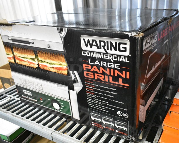 BRAND NEW! Waring WFG250 Stainless Steel Single Commercial Panini Press w/ Cast Iron Smooth Plates. 120 Volts, 1 Phase. Tested and Working! - Image 2 of 3