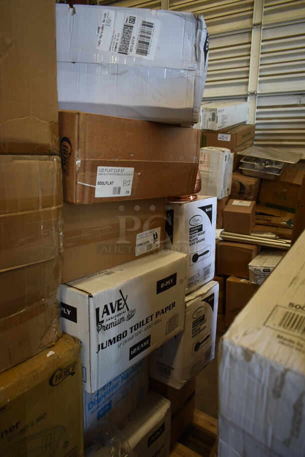 PALLET LOT of 30 BRAND NEW! Boxes Including 760IC16Y Choice 16 oz. Yellow Paper Frozen Yogurt / Soup / Food Cup - 1000/Case, 2 Box 433CARRIER4 Pulp Fiber 4 Cup Carrier - 300/Case, 4 Box 127CH16S Choice 16 oz. Clear RPET Shallow Hinged Deli Container - 200/Case, 500LFLAT Choice Clear Flat Lid with Straw Slot - 9, 12, 16, 20, and 24 oz. - 1000/Case, 129MCS28B Choice 28 oz. Black Rectangular Microwavable Heavy Weight Container with Lid 8 3/4" x 6 1/4" x 1 3/4" - 150/Case, Lavex Jumbo Toilet Paper, 2 Box 130HBKCUTSSW  Visions Individually Wrapped Black Heavy Weight Plastic Soup Spoon - 1000/Case, 600DBPR Regency 20" x 20" x 2 1/4" 18-Gauge Stainless Steel Scrap / Pre-Rinse Basket with Stainless Steel Slides, 4856237063FISH StrawFish 5 3/4" Black Unwrapped Jumbo Cocktail Straw - 5000/Case, 128HD16BULK ChoiceHD 16 oz. Microwavable Translucent Plastic Deli Container - 480/Case,  128HD32COMBO Choice 32 oz. microwavable translucent plastic deli, 129MCS28B Choice Black Rectangular Microwavable Heavy Weight Container. 30 Times Your Bid! - Image 5 of 9