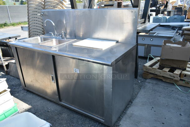 Stainless Steel 2 Bay Sink w/ Faucet, Handles, Back Splash and Under Shelf.  - Image 1 of 9