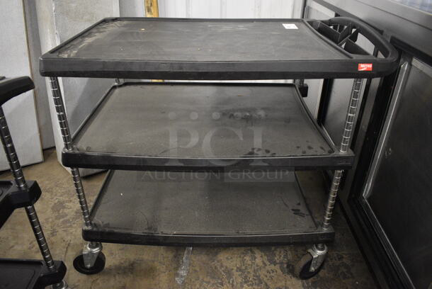 Black Poly 3 Tier Cart w/ Push Handle on Commercial Casters. 27x40x37