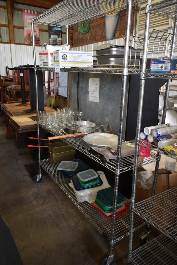 ALL ONE MONEY! Lot of Various Items on Shelving Unit Including Glasses, Fry Baskets, Poly Lids. Does Not Include Shelving Unit.  - Image 1 of 11